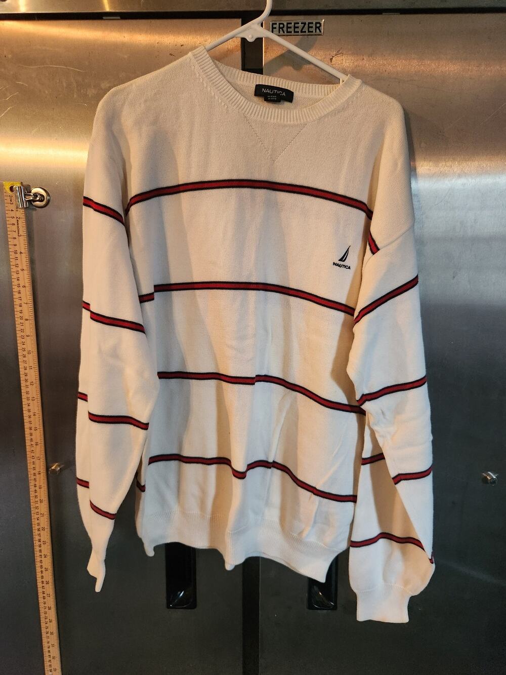 Nautica Mens Cream Navy Red Striped Crewneck Sweater Cotton Knit Size XL